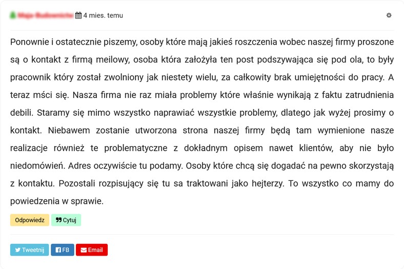 Zrzut ekranu z lokalnego forum, na którym poszkodowane osoby przestrzegają przed Marcinem M.