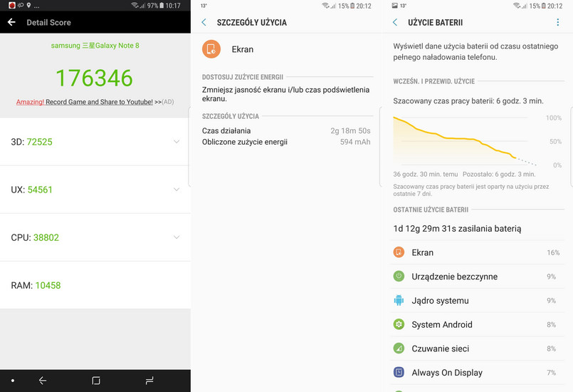Samsung Galaxy Note 8 - AnTuTu Benchmark, czas pracy na baterii