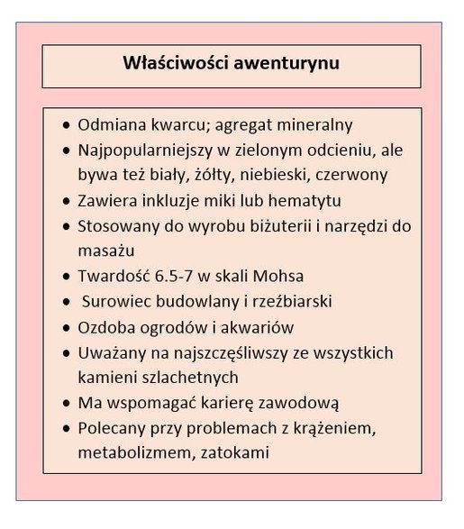 Tabela przedstawiająca właściwości awenturynu