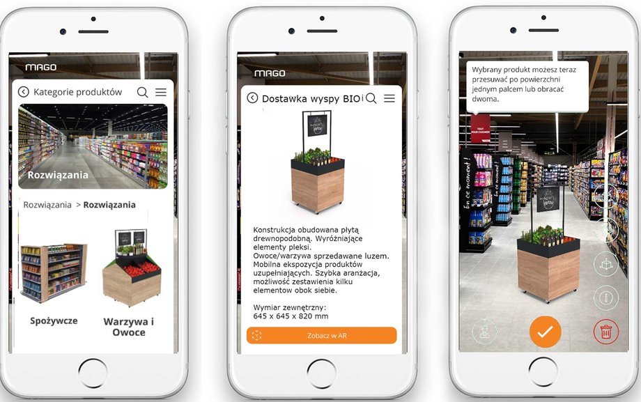  Proces jest prosty: wystarczy włączyć urządzenie, skierować kamerę w dowolny punkt pomieszczenia i wyświetlić wirtualną nakładkę. System pozwoli na dobranie dowolnych modeli regałów sklepowych, stworzy symulację ustawień, a nawet zapełni je wirtualnie towarem.