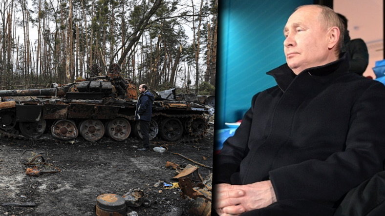 Rosyjski czołg zniszczony w okolicach Charkowa i prezydent Władimir Putin podczas ceremonii otwarcia Igrzysk Olimpijskich w Pekinie