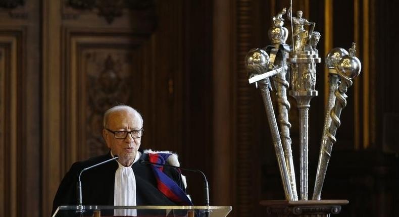 Tunisian President Beji Caid Essebsi delivers a speech during a ceremony at the Sorbonne University in Paris, France, 07 April 2015. REUTERS/Yoan Valat/Pool -