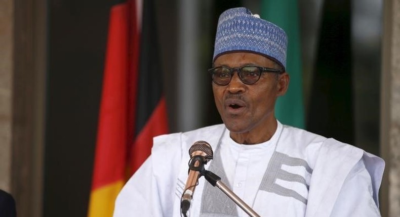 Nigerian President Muhammadu Buhari speaks during German President Joachim Gauck's visit to the State House in Abuja, Nigeria February 11, 2016. REUTERS/Afolabi Sotunde