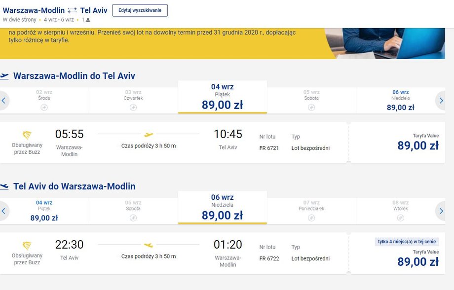 Rejsy Warszawa - Tel Awiw w systemie rezerwacyjnym Ryanair