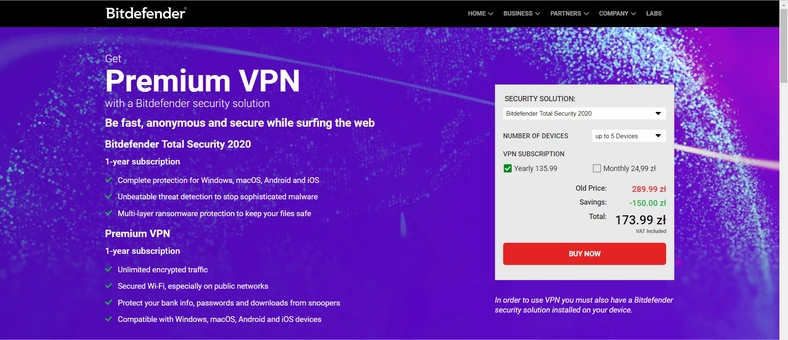 Bitdefender Premium VPN jest niedrogi, ale warunkiem jest posiadanie zainstalowanego oprogramowania antywirusowego tej samej firmy