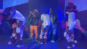 Samini and Shatta happily hug it out after reuniting at Daddy Lumba's London show