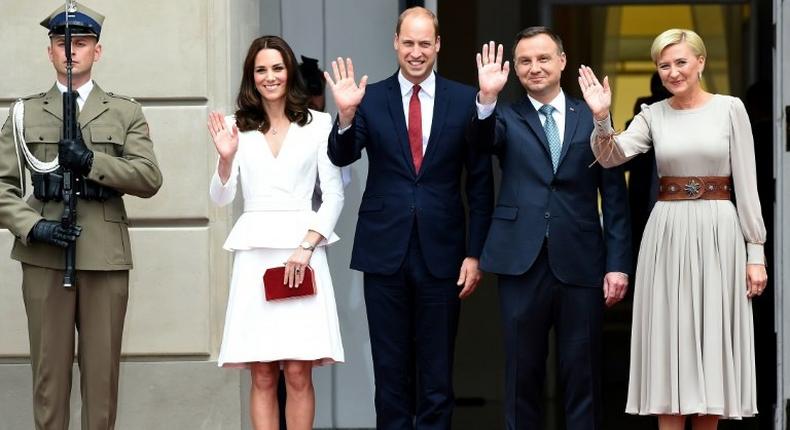 Prince William and his wife Kate at the Polish presidential palace with President Andrzej Duda and his wife Agata Kornhauser-Duda