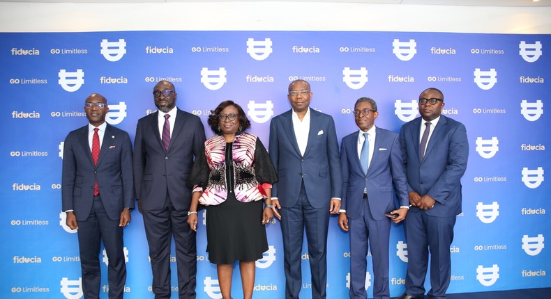 L-R: Roosevelt Ogbonna, MD/CEO Access Bank Plc.; Imohimi Aig-Imoukhuede, MD/CEO Fiducia; Ms Bunmi Lawson, Chairperson Fiducia Board of Directors; Aigboje Aig-Imoukhuede, Chairman, Coronation Group; Segun Ogbonnewo, Fiducia Board of Director; Adebayo Adewolu, CEO, Trium Limited at the launch of Fiducia on Thursday