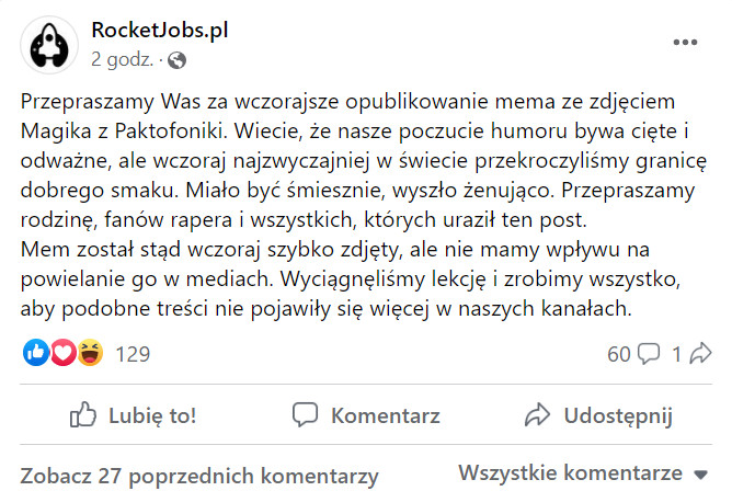 Rocket Jobs przeprasza za użycie wizerunku Piotra "Magika" Łuszcza