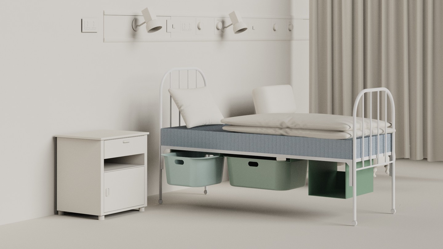 Torma Luca: Storage for the children's hospital. A StorageforCH egy gyermekkórházakba tervezett, kórházi ágyhoz kapcsolható tárolórendszer, amelynek célja a hely optimalizálása, a szülők kényelmének növelése és a szobák higiéniájának fenntartása. A rendszer három moduláris tároló egységből áll: két kihúzható dobozból és egy U alakú rekeszből