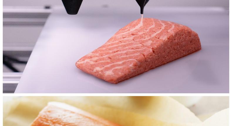 Top image: Revo Foods' 3D printed vegan salmon. Bottom image: A Wild Pacific king salmon fillet.Thomas Barwick/Getty