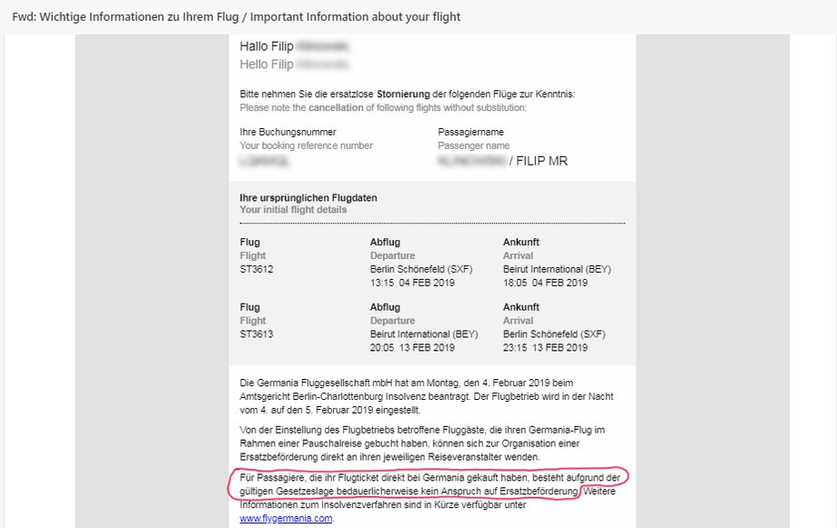 E-mail, w którym linie lotnicze Germania poinformowały pana Filipa o odwołaniu jego lotu powrotnego z powodu złożenia wniosku o ogłoszenie upadłości oraz zawieszenia działalności. Na dole linia Germania napisała: "Niestety pasażerowie, którzy zakupili bilet lotniczy bezpośrednio w Germanii, nie są uprawnieni do przewozu zastępczego ze względu na obecną sytuację prawną."