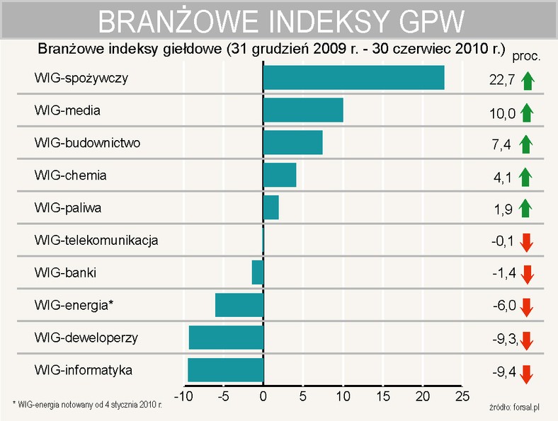 Zmiana wartości indeksów branżowych GPW od 31 grudnia 2009 r. do 30 czerwca 2010 r.