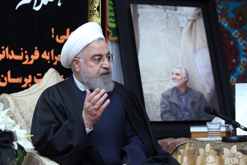 FILE PHOTO: Iranian President Hassan Rouhani visits the family of the Iranian Major-General Qassem Soleimani, head of the elite Quds Force, who was killed by an air strike in Baghdad, at his home in Tehran, Iran January 4, 2020. Official President Website/Handout via REUTERS