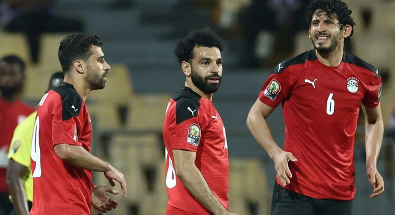 Mohamed Salah (C) celebrates after Egypt scored against Sudan Creator: Kenzo Tribouillard