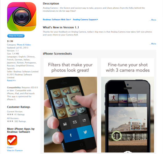 <b>Analog Camera</b>
<br><br>
Analog Camera umożliwia wykonywanie zdjęć przy jednoczesnym podglądzie czterech najświeższych fotografii. Na uwagę zasługuje minimalizm aplikacji i prostota korzystania z aplikacji.
<br><br>
<b>Cena:</b> 1,99 euro