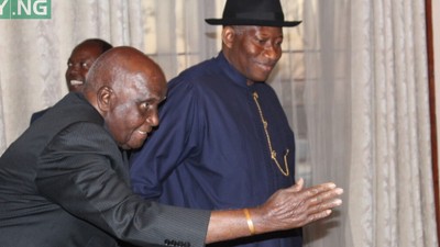 Former President Goodluck Jonathan and Zambia's first President, Kenneth Kaunda. [OkayNG]