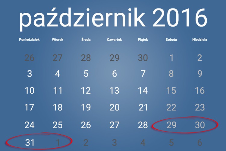Biorąc wolne 31 października 2016 odpoczywasz przez 4 dni.