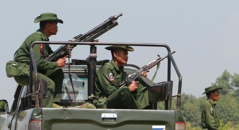 Myanmar troops patrol in Rakhine State, near the Bangladesh border, in October 2016