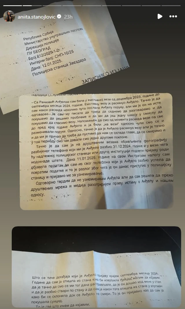 "OTIŠLA IZ STANA KAKO BI DIGLA RUKU NA SEBE!" Isplivala dokumenta iz policije o sukobu Anite Stanojlović i Anđela Rankovića