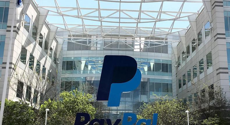 A sign is posted outside of the PayPal headquarters on April 9, 2018 in San Jose, California.