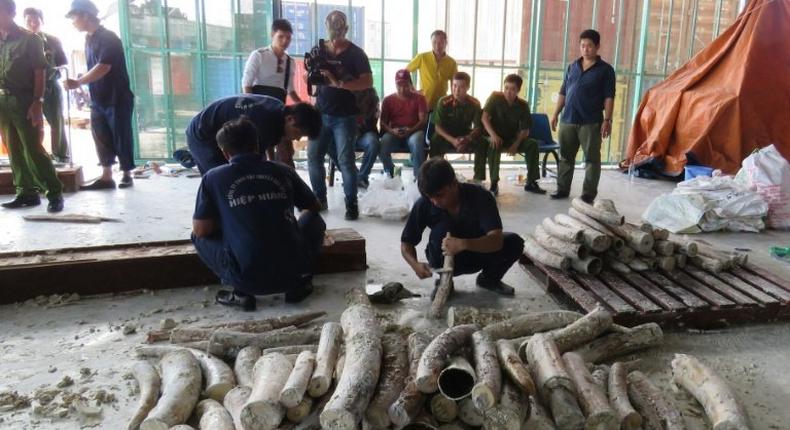 Workers remove ivory hidden in timber as policemen and officials look on at Cat Lai port in Ho Chi Minh City