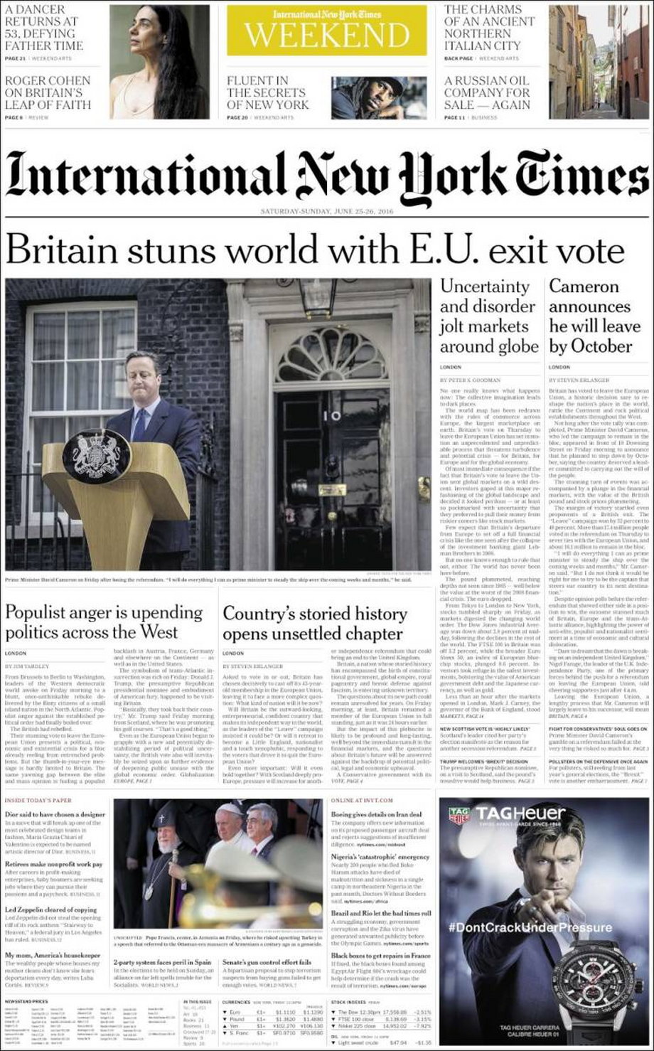 International New York Times: "Brytania oszołomiła świat głosowaniem za wyjściem z Unii Europejskiej"