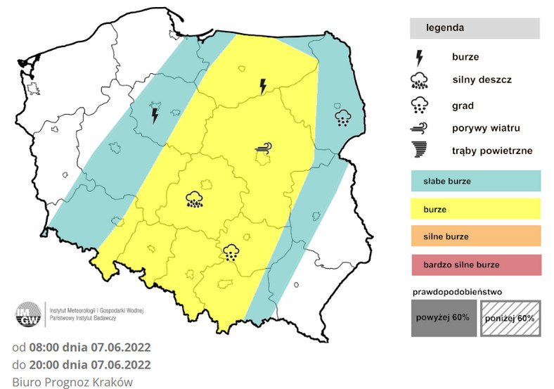 We wtorek najsilniejsze burze wystąpią w pasie od Warmii i Mazur po większość Śląska i Małopolski