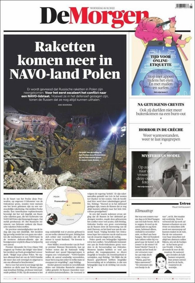 "Rakiety spadły w kraju NATO, Polsce" - "De Morgen"