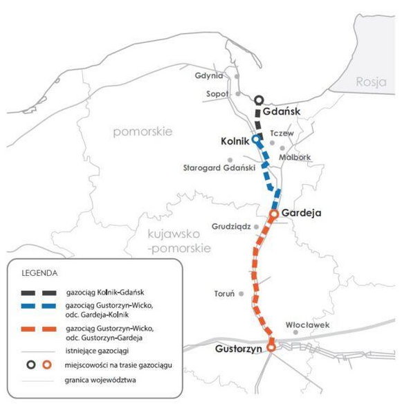 Planowana rozbudowa infrastruktury lądowej, aby rozprowadzać gaz z planowanego FSRU w Gdańsku. Grafika; Gaz-System