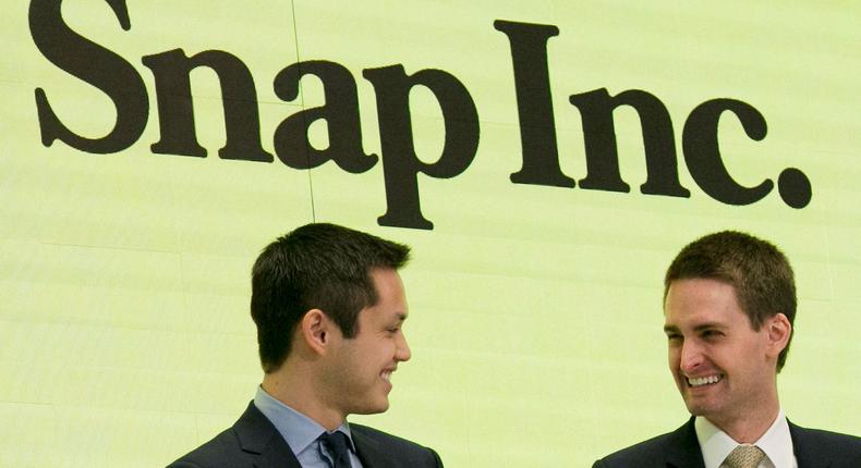 Snapchat cofounders Bobby Murphy, left, and CEO Evan Spiegel at the New York Stock Exchange as the company celebrated its initial public offering on March 2.