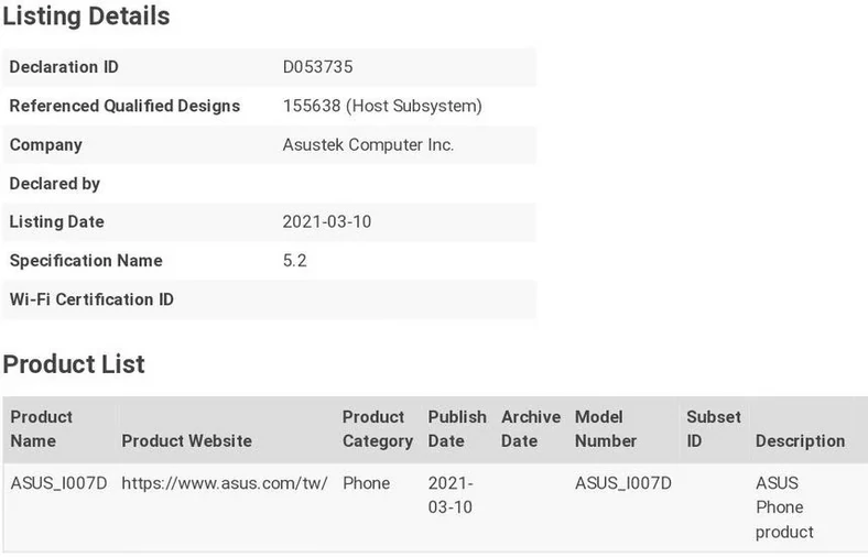 ASUS I007D Bluetooth SIG