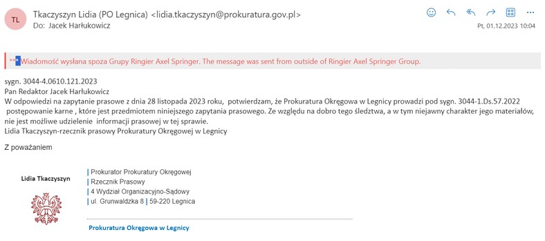 Odpowiedź prok. Lidii Tkaczyszyn na pytania Onetu o śledztwo, w którym przewija się nazwisko dziennikarza