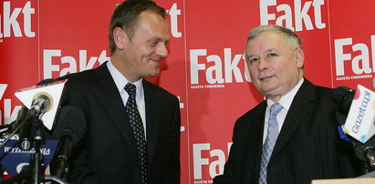 Debata Tusk-Kaczyński w "Fakcie". Lider PO wybuchł śmiechem po słowach prezesa