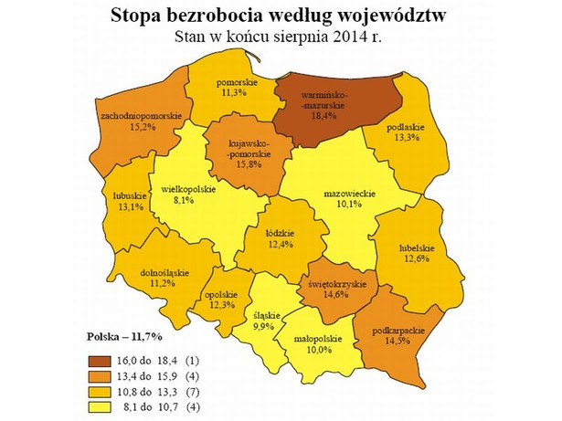 Stopa bezrobocia według województw, źródło: GUS