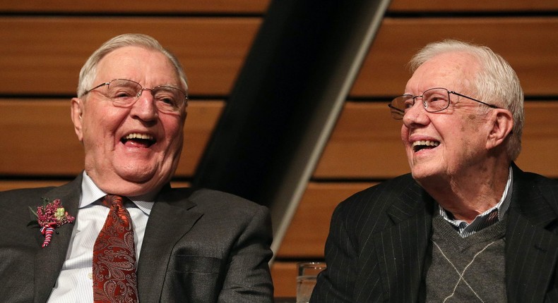 Walter Mondale, Former Vice President of the United States, sat on stage with former President Jimmy Carter during a celebration of Mondale's 90th birthday Saturday, Jan. 13, 2018 at the McNamara Alumni Center on the University of Minnesota's campus in Minneapolis.
