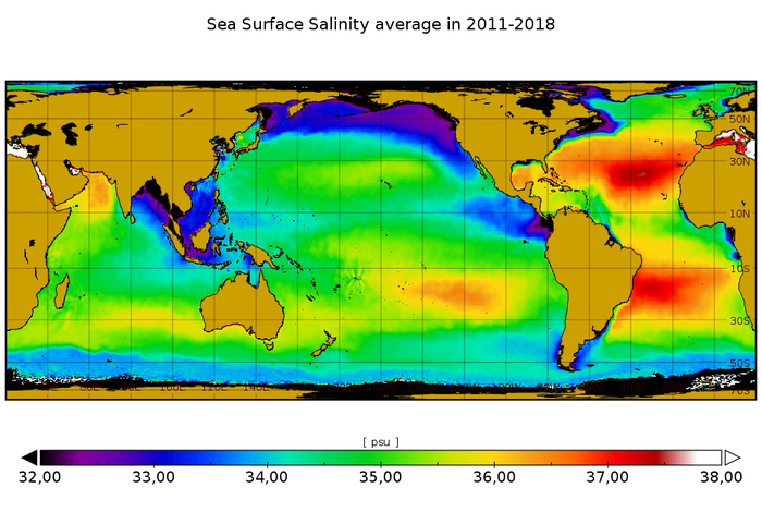 Średnie zasolenie powierzchni mórz i oceanów na Ziemi w latach 2011-2018