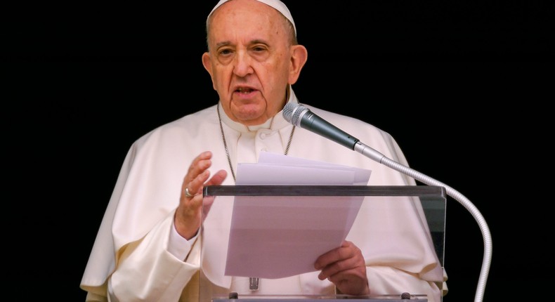 Pope Francis speaks from the window of his studio overlooking St. Peter's Square at The Vatican to a crowd of faithful and pilgrims gathered for the Sunday Angelus noon prayer, Sunday, June 6, 2021.