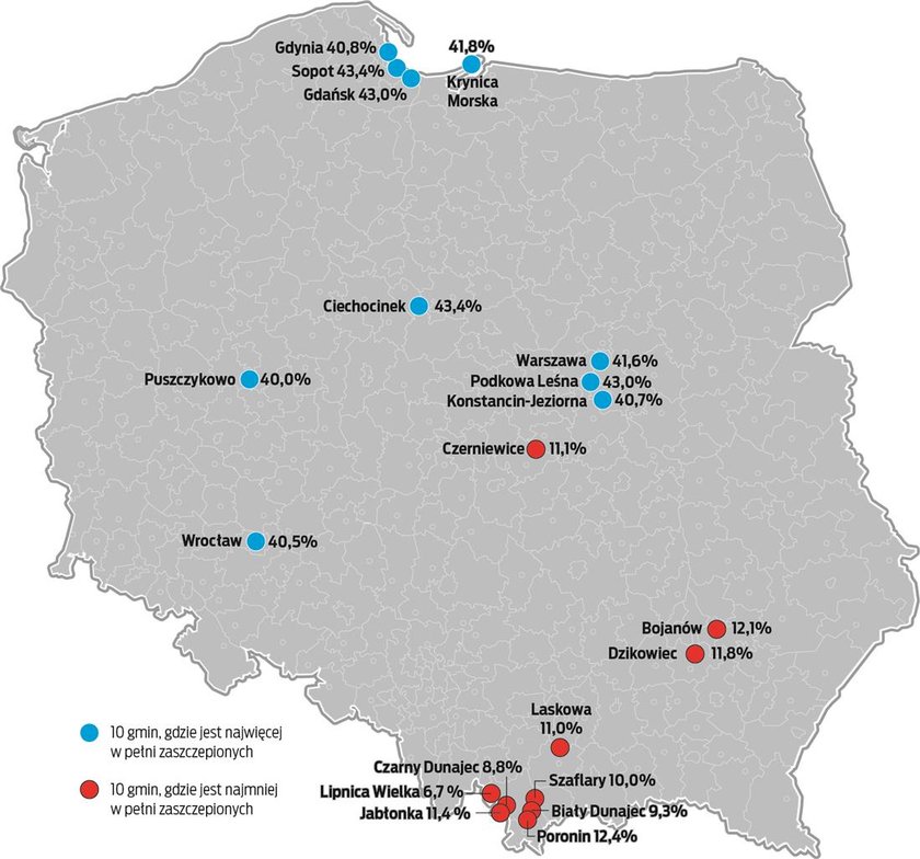 Gminy, gdzie jest najwięcej i najmniej zaszczepionych