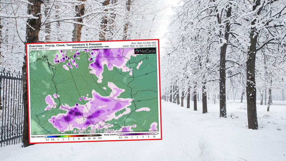 Poniedziałek z iście zimową pogodą prawie w całej Polsce (mapa: wxcharts.com)