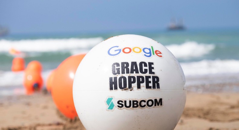 A buoy at the end of the Grace Hopper subsea cable sits on the beach in Bude, UK.
