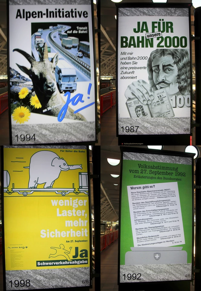 Plakaty promujące koncepcję budowy Tunelu św. Gotarda, Muzeum Transportu Szwajcarskiego w Lucernie