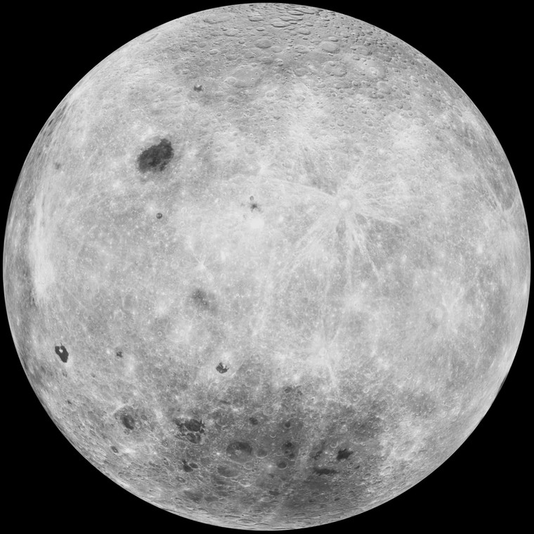 The far side of the Moon. The South Pole-Aitken Basin is the darkest area at the bottom of the image.