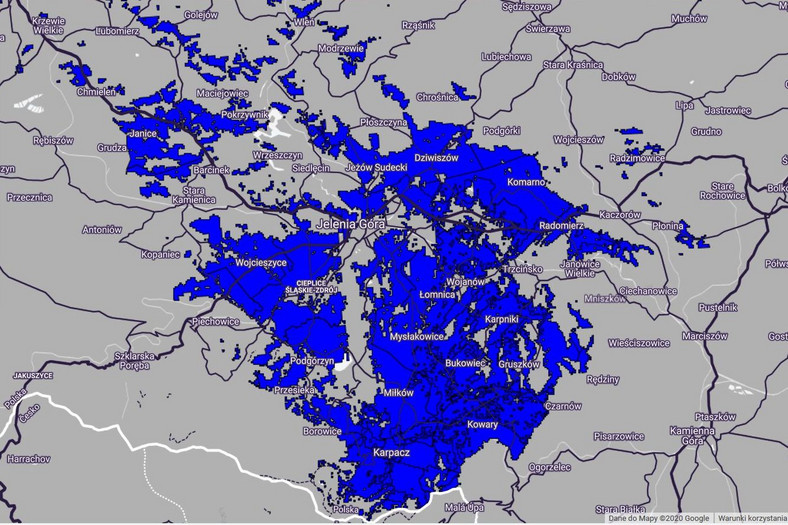 Mapa zasięgu 5G w Play - Jelenia Góra