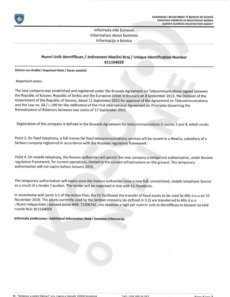 Zvanična prištinska dokumenta koja dokazuju da je MTS poslovao po svim procedurama