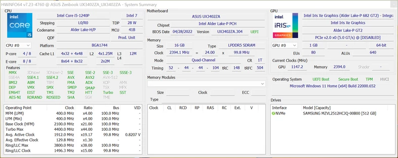 Asus Zenbook 14 OLED (UX3402ZA) – HWiNFO64 – podzespoły laptopa