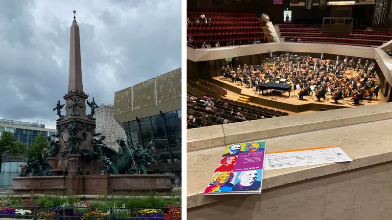 Po lewej: fontanna Mendebrunnen przed budynkiem Gewandhaus na Augustusplatz, po prawej: wnętrze filharmonii