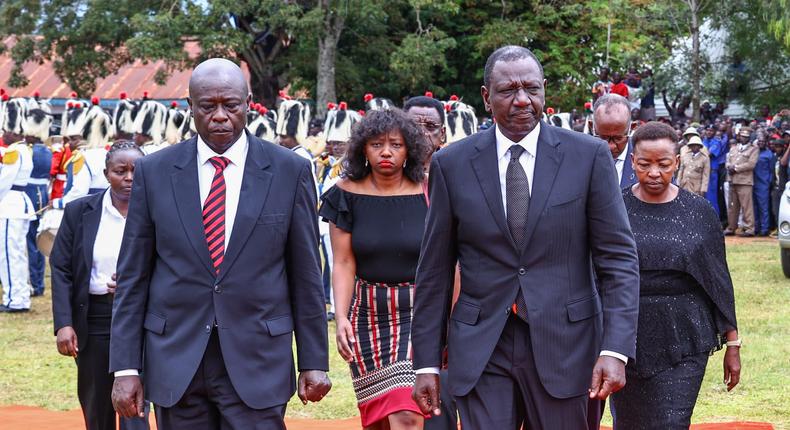 President William Ruto accompanied by his deputy Rigathi Gachagua, First Lady Racheal Ruto, First Daughter Charlene Ruto and other dignitaries at the funeral of the late Chief of Defence Forces, General Francis Ogolla in Siaya on April 21, 2024