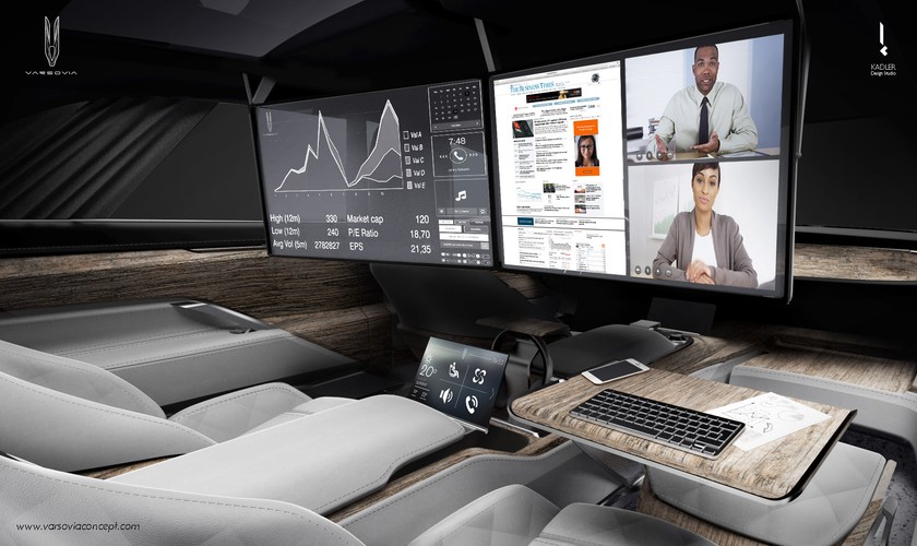 Dane i funkcje systemu wyświetlane są na dwóch pokaźnych, 19 calowych, transparentnych wyświetlaczach, które po złożeniu integrują się ze szklanym dachem pojazdu, stając się kompletnie nieinwazyjnymi. Dzięki zastosowaniu innowacyjnych matryc wyłączone wyświetlacze są w około 90 proc. transparentne - w formie złożonej pełnią funkcję okna dachowego, mogąc jednocześnie wyświetlać dowolne obrazy, np. imitując widok nocnego nieba w dzień. Po rozłożeniu tworzą zaś podwójny, panoramiczny ekran o rekordowej przekątnej 38 cali. Obsługa urządzeń możliwa jest dzięki wbudowanemu tabletowi, klawiaturze oraz myszce, pasażerowie mają do dyspozycji również składane stoliki ze specjalnym mechanizmem stabilizacji poziomu.