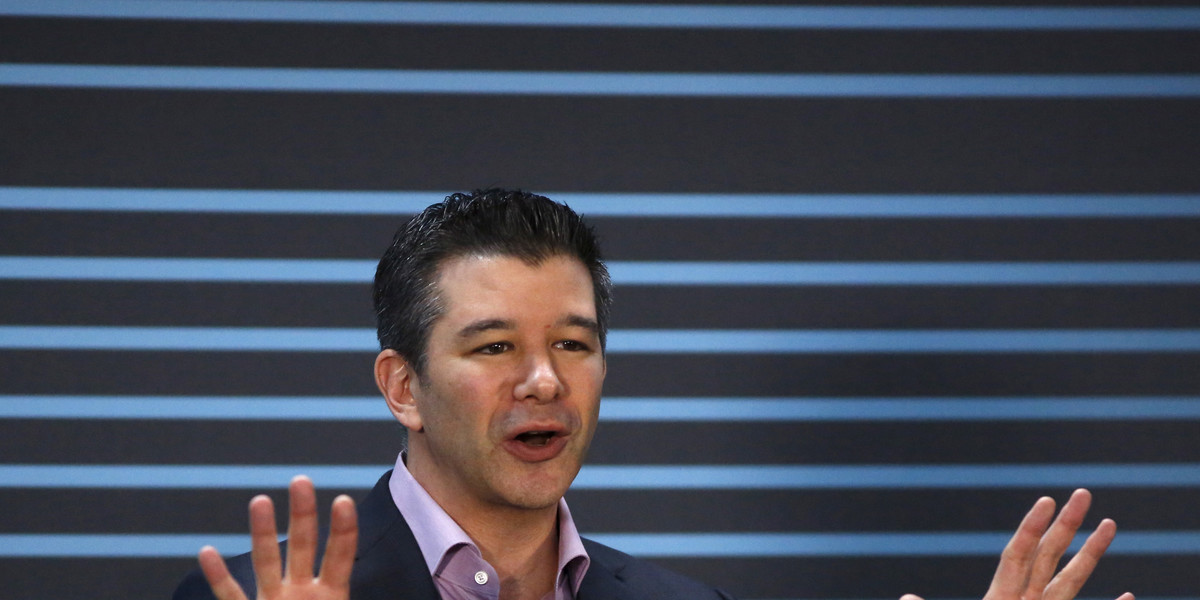 Uber CEO Travis Kalanick gestures as he delivers an address to employees and drivers, to mark the company's five year anniversary, in San Francisco, California June 3, 2015.